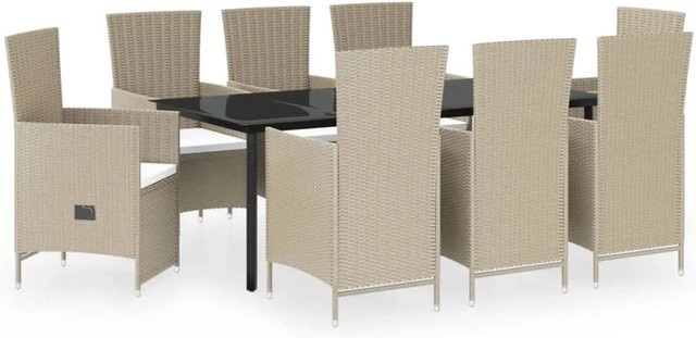 vidaXL 9-teilige Garten-Essgruppe aus PE-Rattan und pulverbeschichtetem Stahl in Beige mit Glasplatte - Bild 1