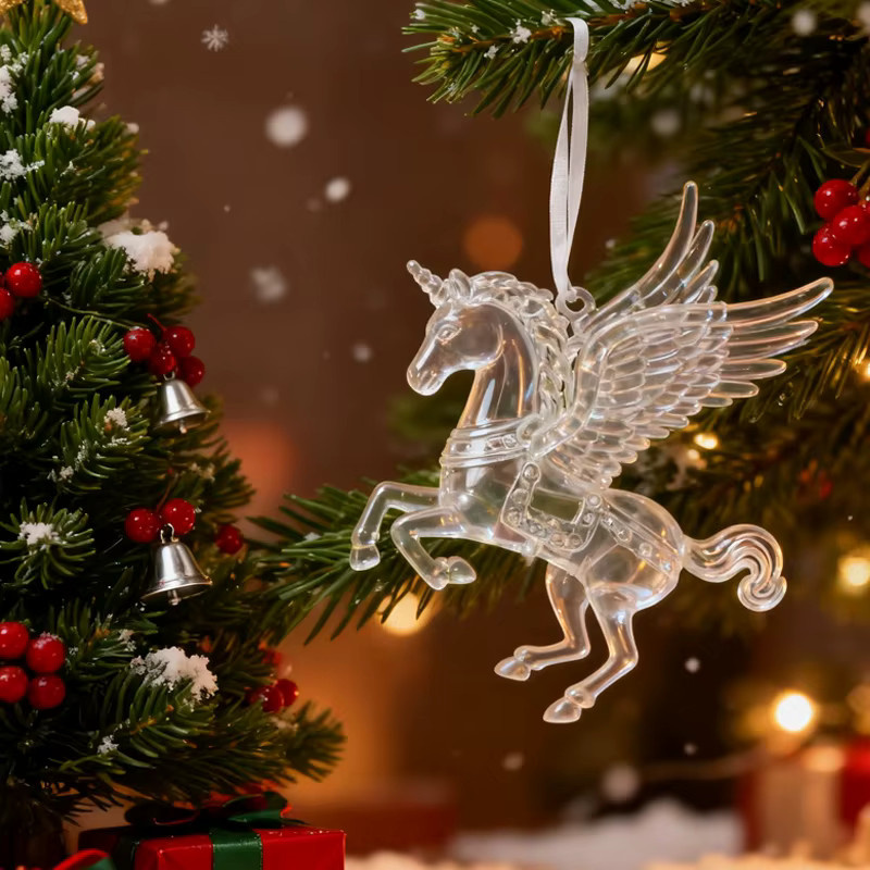 ZQNYCY Acryl-Weihnachtsschmuck Set mit fliegendem Einhorn, Elch und Schneeflocken als transparente hängende Anhänger für deinen Weihnachtsbaum und zur Heimdekoration - Bild 1