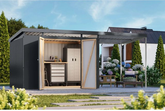 Karibu Metallgerätehaus Neos 3 mit Anbaudach in Anthrazit - Bild 1