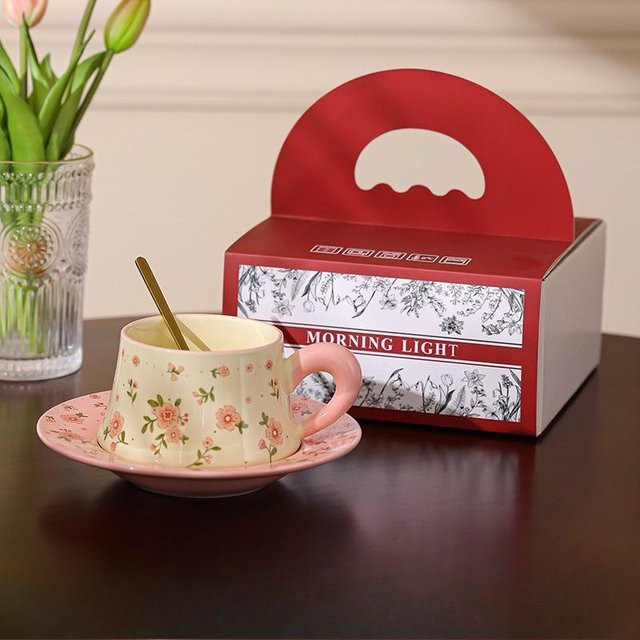 Exquisites Keramiktassen-Paarset mit floralem Aquarell-Design in Pink und Multicolour, 301-400 ml - Bild 1