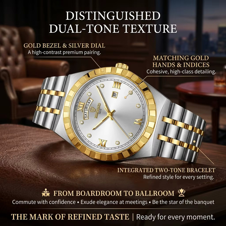 BINBOND Armbanduhr Edelstahl, Bicolor, Gold, Quarz, Herren - Bild 5