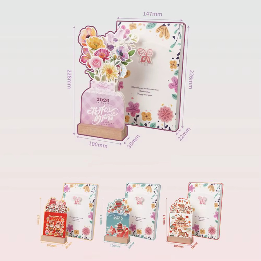 Tischkalender 2026 mit Holzsockel in Vasenform und Blumenmotiv, pink und mehrfarbig - Bild 2