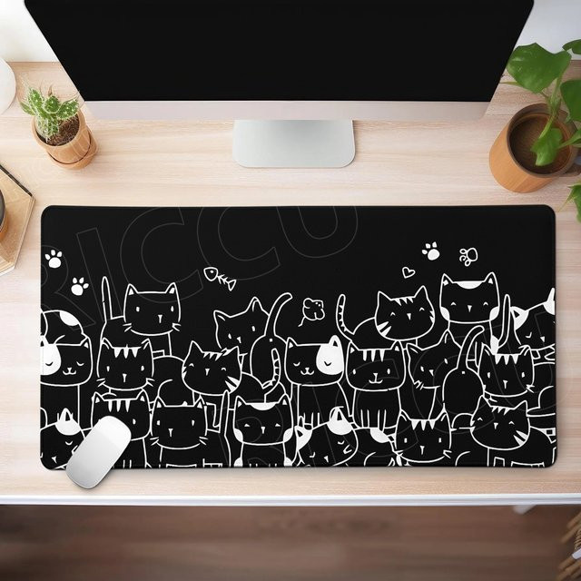 Riccu Katzen-Mauspad Schwarz-Weiß, rutschfeste Spielmatte und Schreibtischunterlage für Computer und Büro - Bild 1