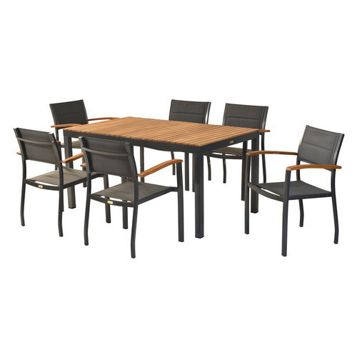 Merxx Gartenmöbel-Diningset Paxos, 7-tlg. Set mit 6 Sitzplätzen aus Aluminium und Akazienholz in Grau - Bild 2