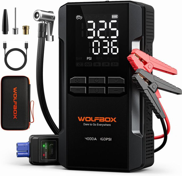 WOLFBOX JS24AIR Starthilfe und Luftkompressor 4000A, 12V Autobatterie-Booster mit 160PSI Reifenfüller und LED-Licht, Schwarz - Bild 1
