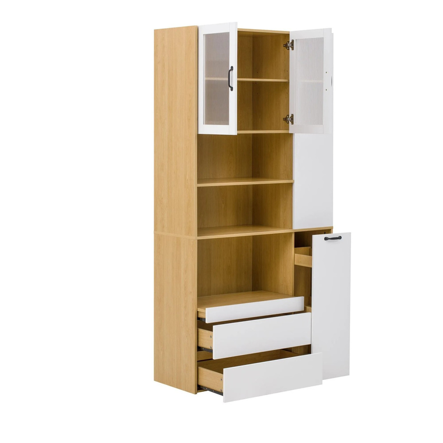 okwish Highboard mit Riffelglas und Schubladen in Weiß, modern mit verstellbaren Böden, B/T/H: 100 x 40 x 200 cm - Bild 2