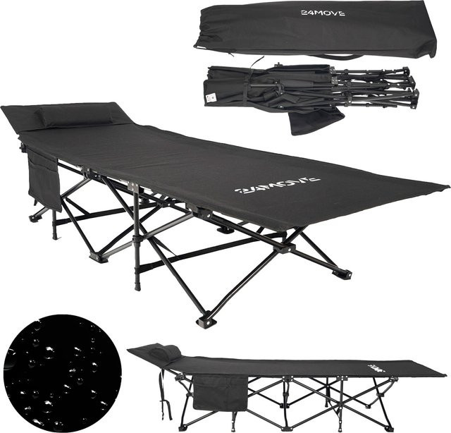24MOVE Feldbett Campingbett faltbar in Schwarz mit Seitentaschen und Kissen bis 150 kg, B/T/H: 67 x 190 x 34 cm - Bild 1
