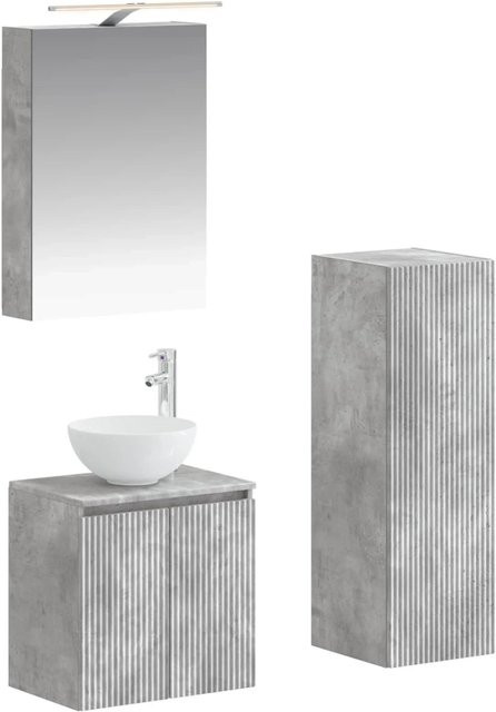 vidaXL Badezimmermöbel-Set 4-teilig in Betongrau mit Waschtischunterschrank, Wandunterschrank und Spiegelschrank aus Holz und Glas mit LED-Beleuchtung - Bild 1