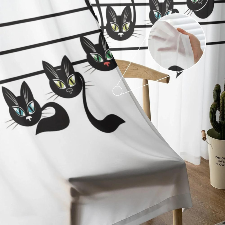 Yiran Furniture Transparenter Chiffon Vorhang mit Katze und Musiknoten in Schwarz und Weiß, Breite: 135 cm, Höhe: 115 cm - Bild 1