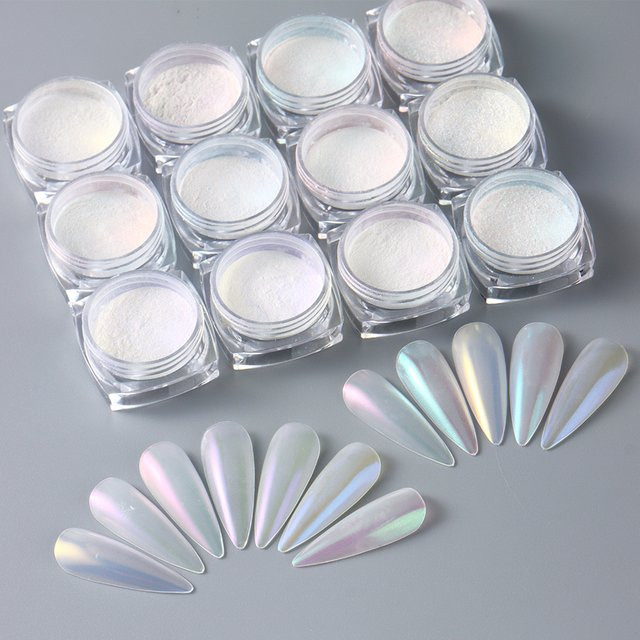 Aurora Neon Schimmer Glitzer Nagel Pigment Pulver, Weiss, 12 Stück - Bild 1