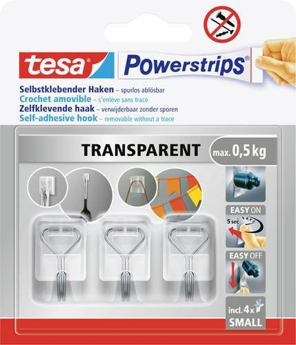 tesa Powerstrips Klebehaken Set, 3 Stück, Weiß oder Transparent, selbstklebend und ablösbar - Bild 1