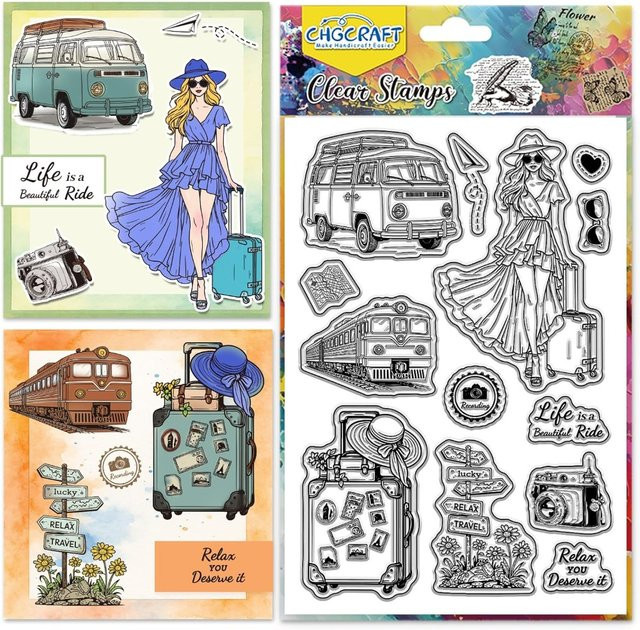 Travel Lady Transparente Silikonstempel Set mit Motiven von Bus, Zug und Kamera für Scrapbooking und DIY-Projekte - Bild 1