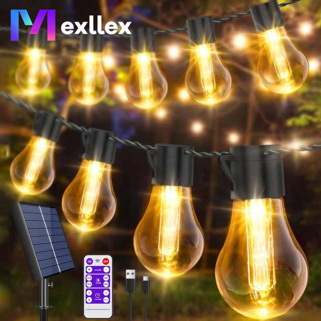 Mexllex LED-Lichterkette Solar mit Fernbedienung und USB, Warmweiß, IP65 wasserdicht, 11,7 m oder 8,9 m für Garten, Terrasse und Balkon - Bild 1