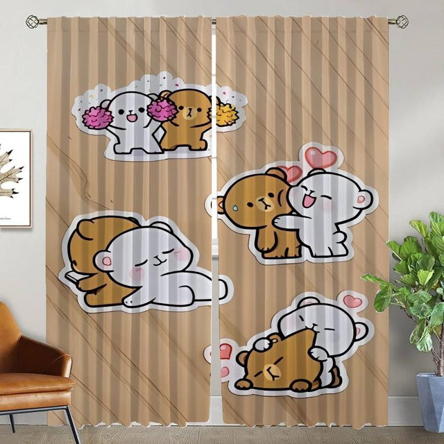 Kawaii Bär Vorhänge für Kinderzimmer und Wohnzimmer, 2er-Set, Beige, Breite: 50 cm, Höhe: 70 cm - Bild 1