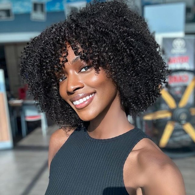 Linhua Afro Kinky Curly Echthaarperücke, kurzer lockiger Bob mit Pony, Damen - Bild 1