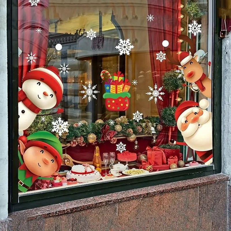 80 Stück Weihnachts-Schneeflocken-Fensteraufkleber für Glas, mehrfarbige Weihnachtsdekoration mit Motiven wie Schneeflocken, Weihnachtsmann und Rentier - Bild 1