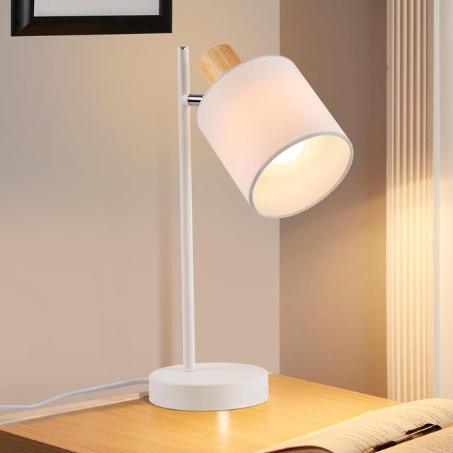 Vintage Tischlampe aus Holz mit weißem Stoffschirm, drehbare E14 Nachttischleuchte im Retro-Design für Wohnzimmer und Schlafzimmer - Bild 1