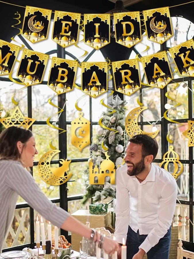 Ramadan-Hängebanner mit Papierlaternen und Halbmond-Ornamenten in Gold und Schwarz für deine Feier - Bild 5