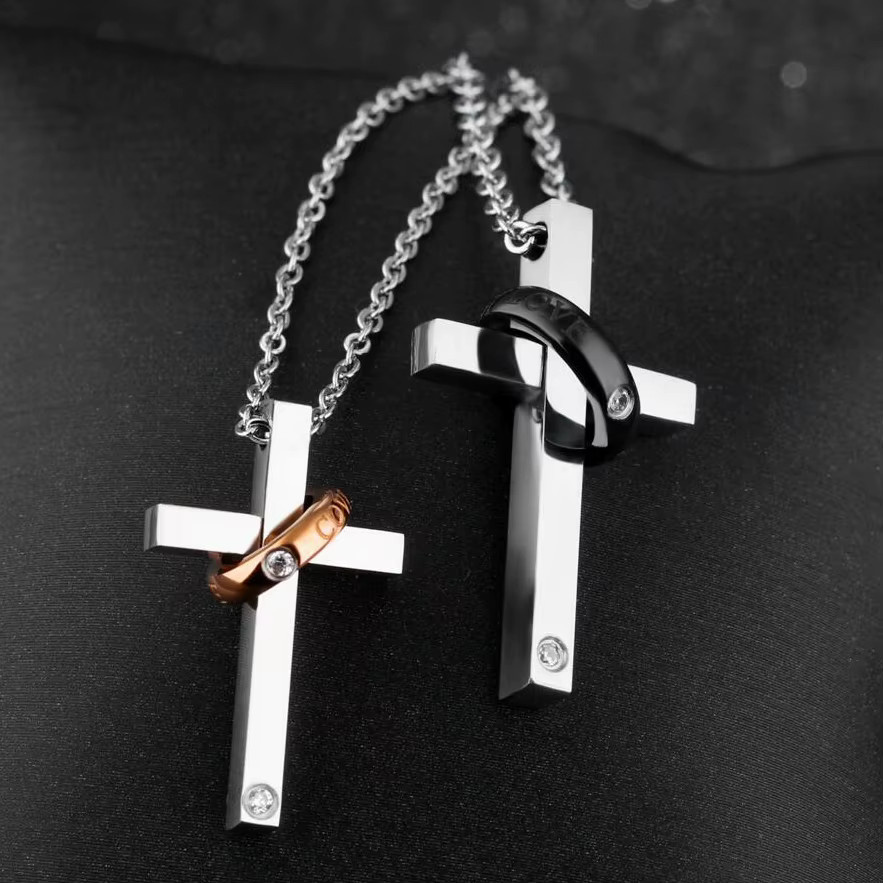 VQYSKO Halskette Kreuz-Paar, Edelstahl, Bicolor, Zirkonia, Unisex - Bild 3