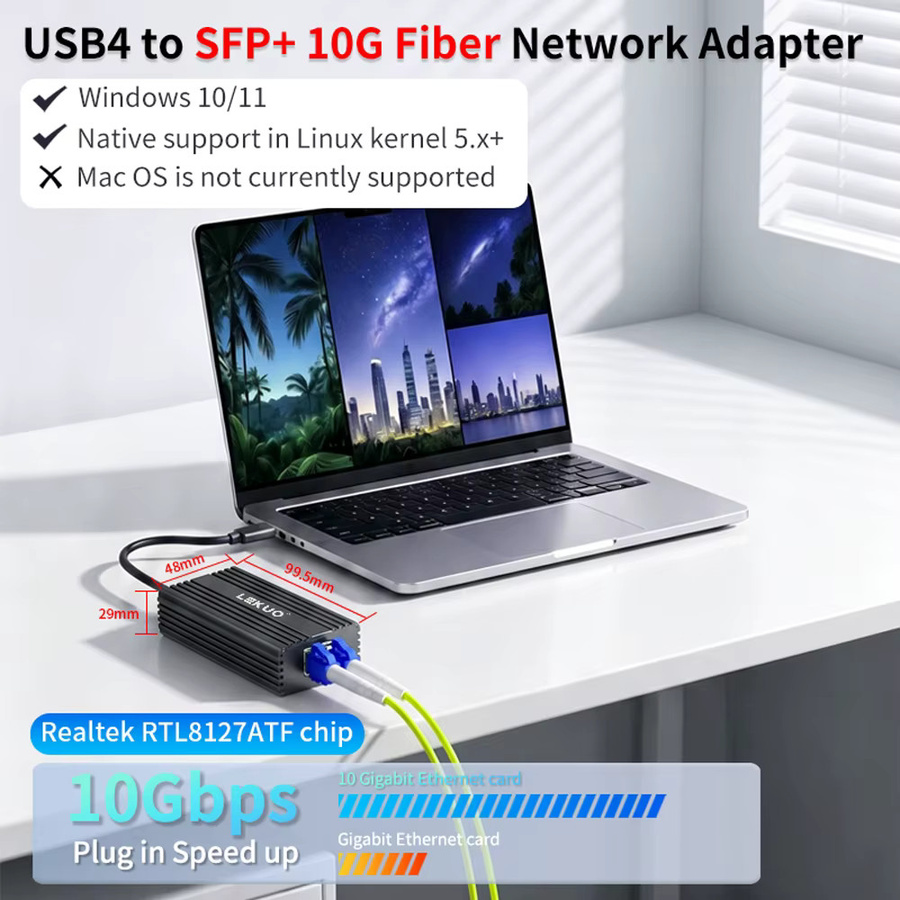 Lekuo 10G SFP+ USB4 Netzwerkkarte mit Realtek RTL8127ATF Chip, Thunderbolt 3/4/5 kompatibel, Schwarz, für NAS und Workstation - Bild 2