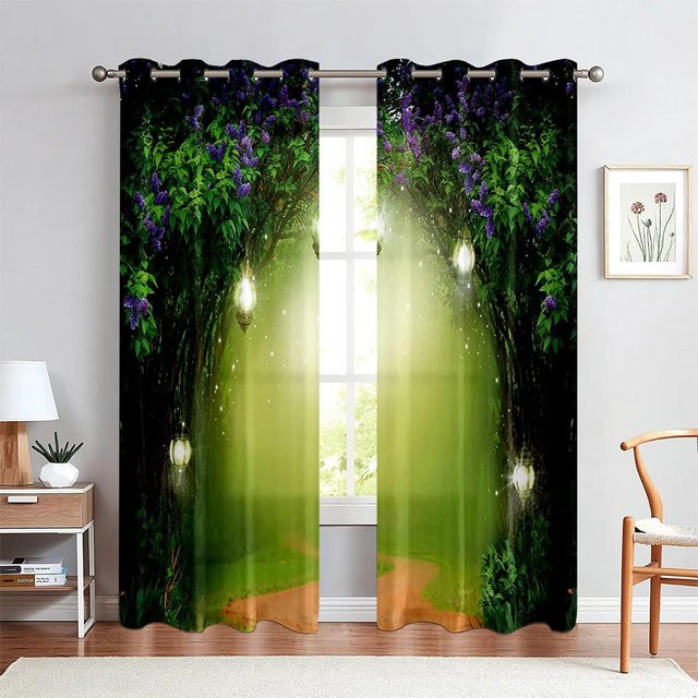 Yiran Furniture 2er-Set Vorhänge mit 3D-Landschaftsmotiv Wald und Meer, halbtransparent, Multicolor, Breite: 135 cm, Höhe: 165 cm - Bild 1