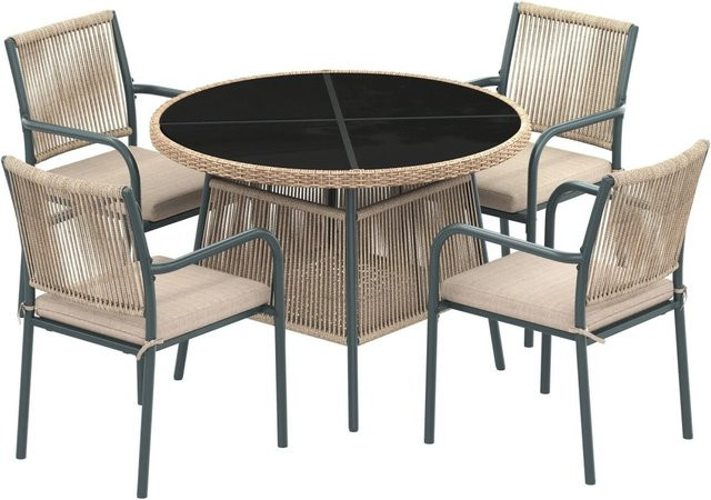 Merax Gartenmöbel-Set aus Polyrattan in Grau mit rundem Glastisch und 4 Armlehnstühlen - Bild 1