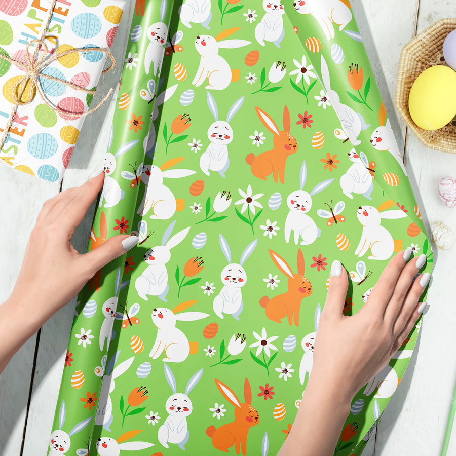 Oster-Geschenkpapier mit Hase- und Kaninchen-Ei-Muster für deine Ostergeschenke und Partydekoration - Bild 1