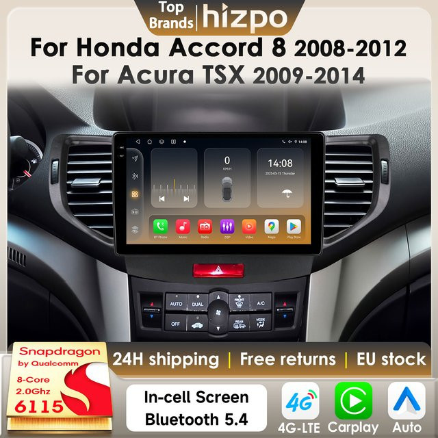 Hizpo Android 14 Autoradio für Honda Accord 8 (2008-2012) und Acura TSX mit 9 Zoll Display, Qualcomm Snapdragon 6115, AI CarPlay, GPS, DSP und Bluetooth 5.4 in Schwarz - Bild 1