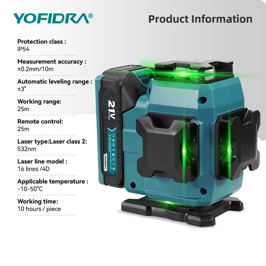YOFIDRA 4D 16-Linien-Laser-Nivelliergerät mit 360 Grad horizontaler und vertikaler Nivellierung in Blau inklusive 1 m Stativ und Kompatibilität für Makita 21 V Akku-Pins - Bild 2