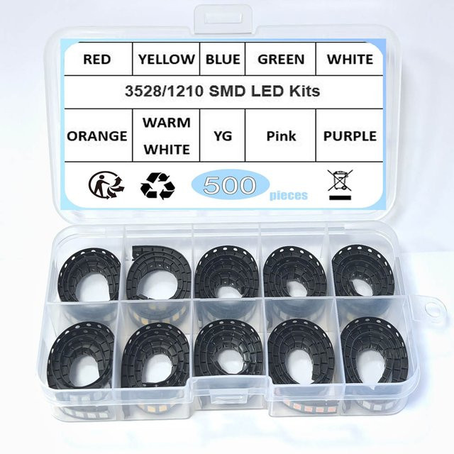 500 Stück SMD LED Set 3528 1210 in 10 Farben: Rot, Grün, Blau, Gelb, Weiß, Warmweiß, UV, RGB und Eisblau - Bild 1