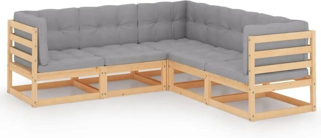 vidaXL 5-tlg Garten-Lounge-Set aus massivem Kiefernholz in L-Form mit grauen Polstern und Kissen - Bild 1