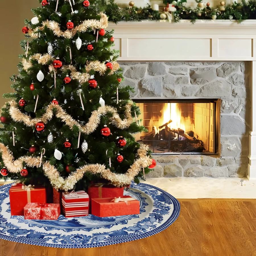 VIKAMA Weihnachtsbaumrock in Blau mit orientalischem Porzellan-Design und floralem Muster, runde Heimdekoration für festliche Partys - Bild 4