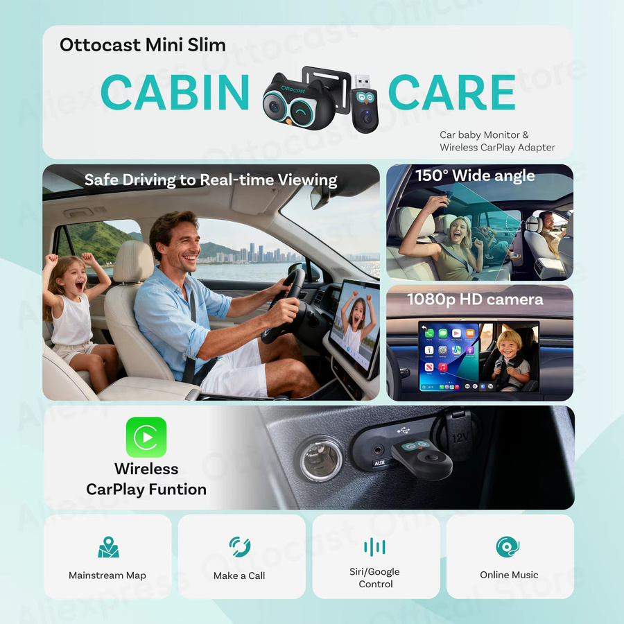 Ottocast Cabin Care Adapter Drahtlose CarPlay Auto HD Kamera in Schwarz für Hyundai Benz Audi Chevrolet Kia - Bild 2