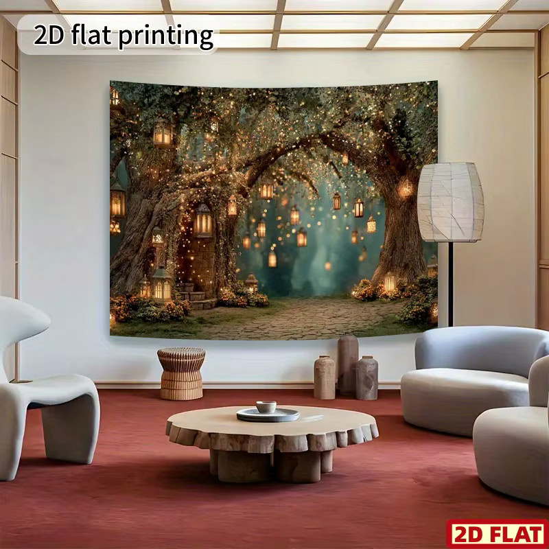 Psychedelisches Wald-Lichterkettenbanner aus Stoff mit magischem Baum-Motiv, Laternen und Blumen in Multicolor im Boho-Stil - Bild 2