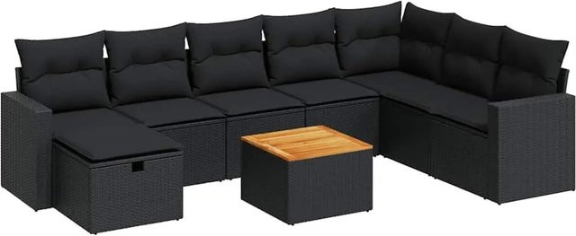 vidaXL 9-teilige Garten-Sofagarnitur aus Poly-Rattan und Akazienholz in Schwarz mit Kissen - Bild 1