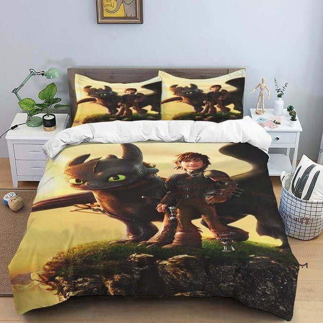 Drachenzähmen leicht gemacht 3-teiliges Bettwäsche-Set mit Cartoon-Print für Kinder und Teenager, bestehend aus Bettbezug und Kissenbezügen, Mehrfarbig, B/H: 135 x 200 cm - Bild 1