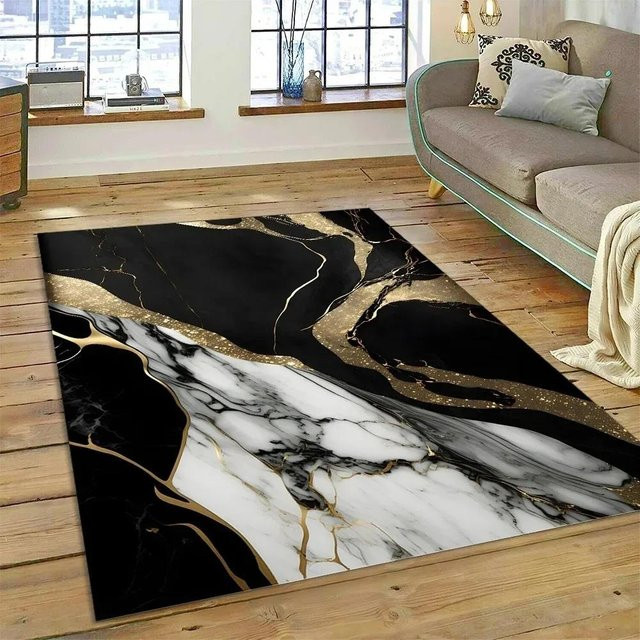 Karpetti Abstrakter Marmorteppich in Schwarz, Modernes Design, Rutschfest und Waschbar, B/T: 120 x 80 cm - Bild 1