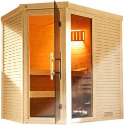 WEKA Massivholzsauna Cubilis Eck 1 für 4 Personen in Braun inklusive 5,4 kW Ofen mit integrierter Steuerung und Kompakt Saunaleuchtenset - Bild 1