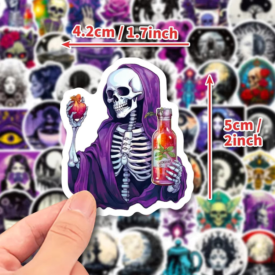 50 Stück Cartoon Skeleton Aufkleber im Gothic Graffiti Stil in Dunkelviolett für Helm, Fahrrad und Schreibwaren - Bild 3
