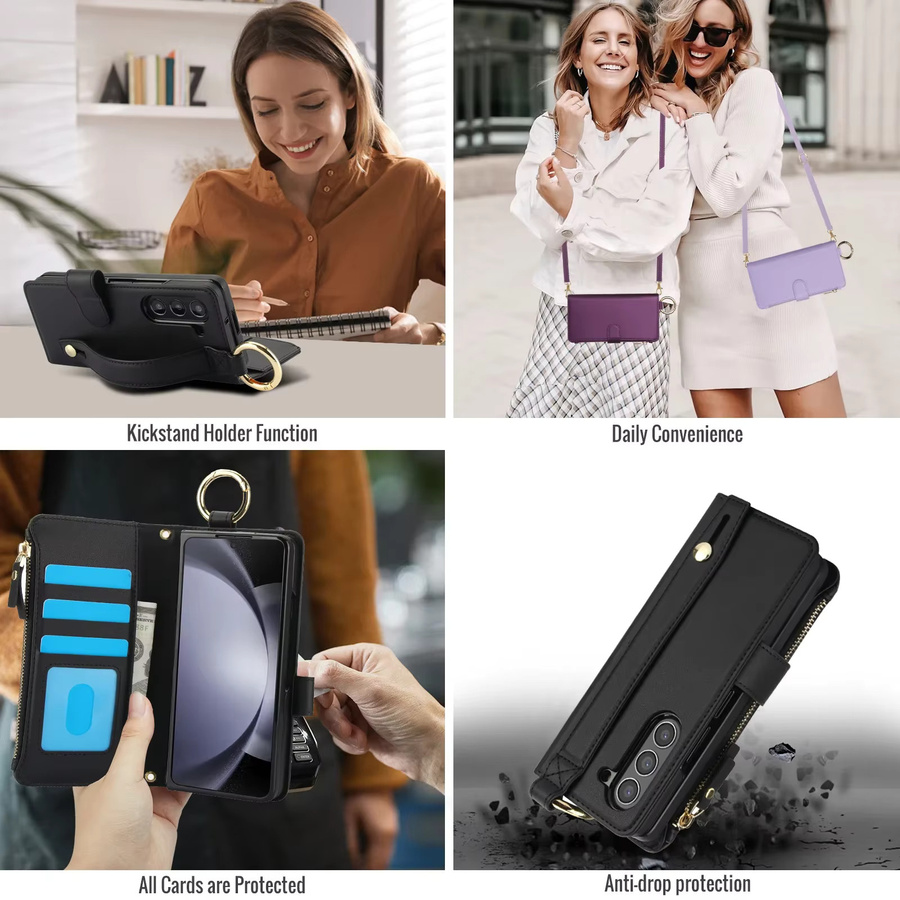 Leder-Handyhülle mit Reißverschluss und Kartenfach für Samsung Galaxy Z Fold 7, 6, 5, 4, 3 in Weiß mit Armband, Ringhalter und Ständer-Funktion - Bild 2