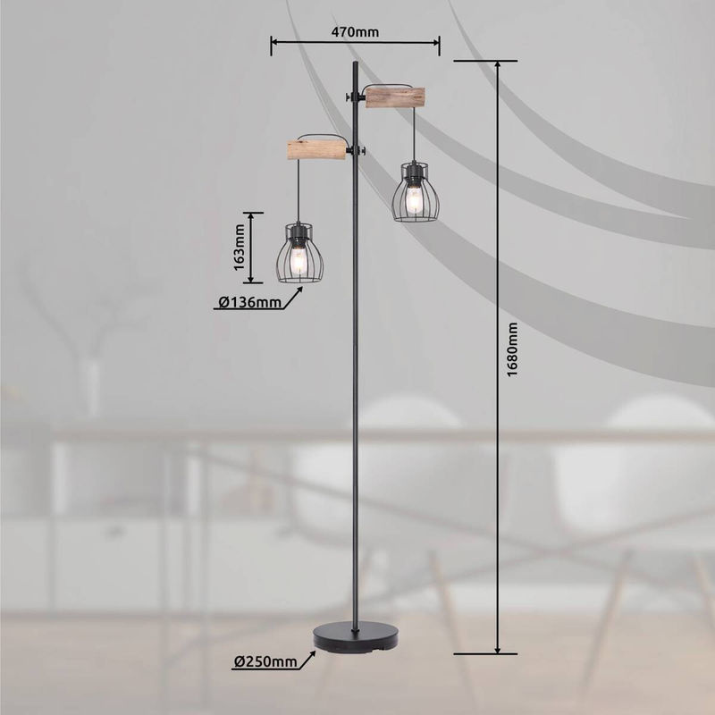 GLOBO Stehlampe Mina in Schwarz und Natur aus Metall und Holz, Höhe: 168 cm, E27, 2 Brennstellen, dimmbar - Bild 2