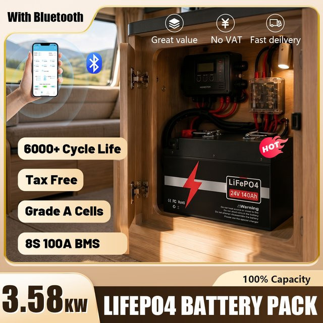 KEZIMO LiFePO4 Batterie 24V 140Ah mit Bluetooth BMS und Grade-A-Zellen in Schwarz - Bild 1