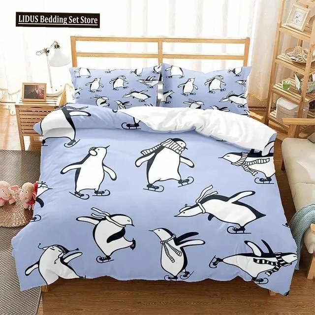 Cartoon-Pinguin Bettwäsche-Set für Kinder aus Polyester in Weiß und Schwarz, bestehend aus Bettbezug und Kissenbezügen, Breite: 133 cm, Länge: 70 cm - Bild 1