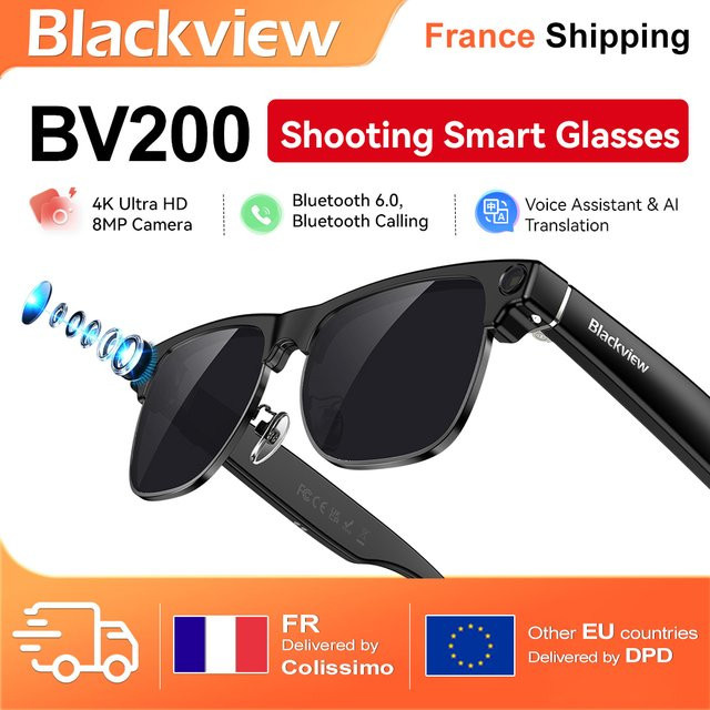 Blackview BV200 Smartbrille in Schwarz mit 8MP 4K Ultra HD Kamera, Bluetooth 6.0, Sprachassistent, KI-Übersetzung und IP54 Wasserschutz - Bild 1