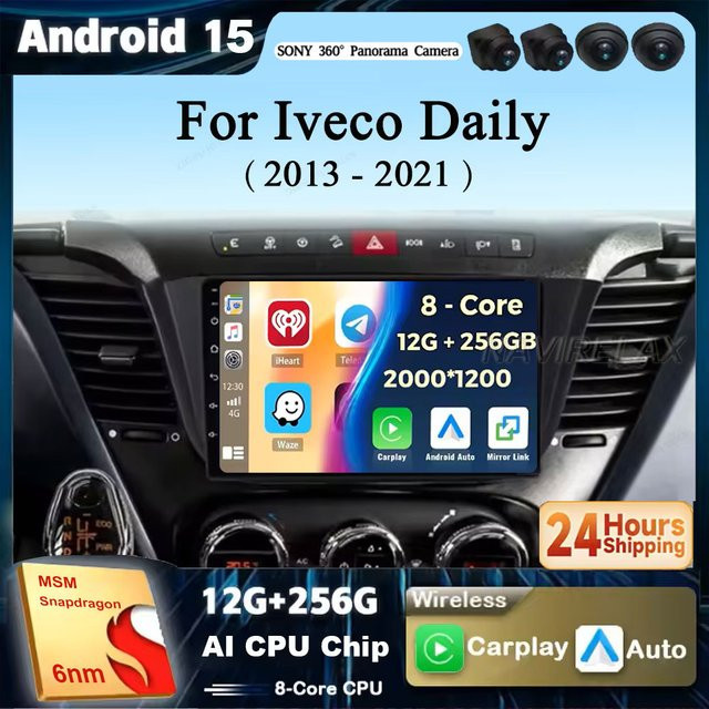 TIEYEZ Android 15 Multimedia Radio mit 360 Kamera, WIFI, 4G und GPS für Iveco Daily Baujahre 2013 bis 2021, Schwarz - Bild 1