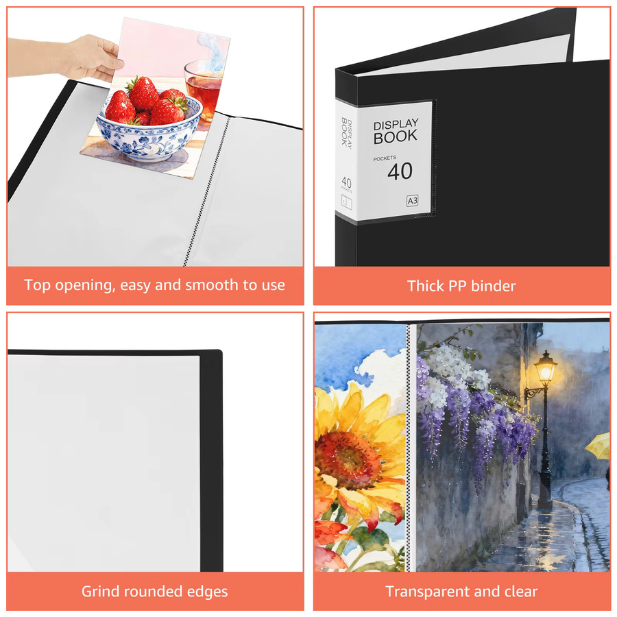 2er Set Kunstportfolio Präsentationsmappe A3 in Schwarz mit 40 Taschen und Klarsichthüllen für Malerei und Display - Bild 4