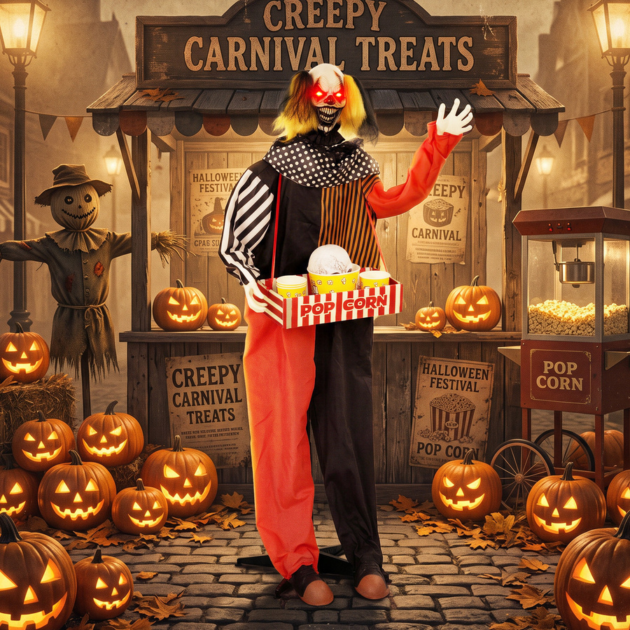 Aosom Animierter Halloween-Popcorn-Clown in Rot, Schwarz und Multicolour, 180 cm Höhe, mit beweglichem Kopf, Gruselmusik und leuchtenden Augen für Indoor und Outdoor - Bild 2