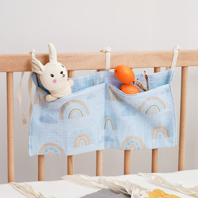 Elinfant Baby-Nachttisch-Aufbewahrungstasche aus 100 % Baumwolle in Blau als Kinderbett-Organizer und Hängetasche für Flaschen, Windeln und Spielzeug - Bild 1