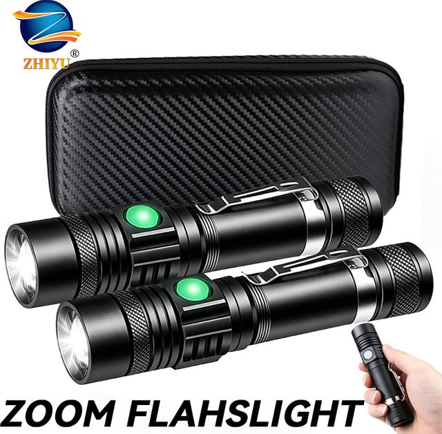 ZHIYU T6 LED Taschenlampe wiederaufladbar in Schwarz mit Zoomfunktion, Kappenklemme, Stirnlampe und Stiftclip aus Aluminium für Outdoor und Camping - Bild 1
