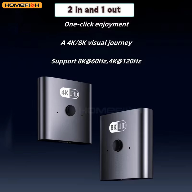 HOMEFISH HDMI Bidirektional-Switcher und Splitter in Schwarz und Grau mit 4K und 8K Unterstützung, 2 Eingänge und 1 Ausgang für 1-zu-2-Verteilung - Bild 1